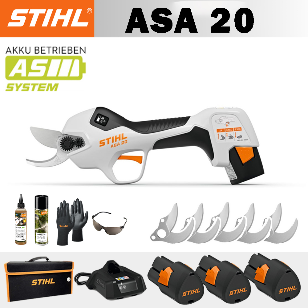 【STIHL】 ASA20*1, baterie litiu*3, cutie de depozitare*1, cap de tăiere*5, încărcător*1